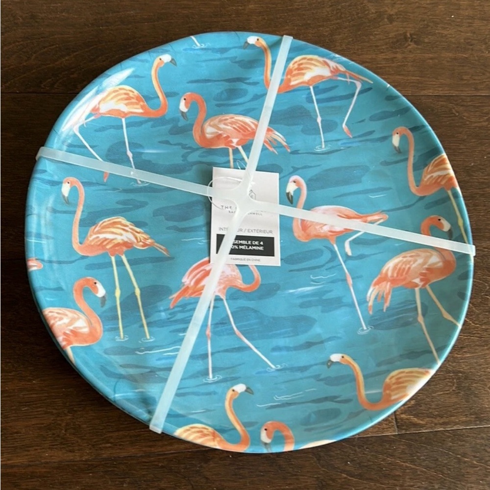Rachel Ashwell Flamingo Print Plates set of 4 Melamine Blue Pink